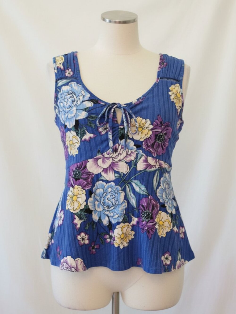 Cobalt Blue Floral Peplum Tank | V-Neck Tie Front | Size M/L